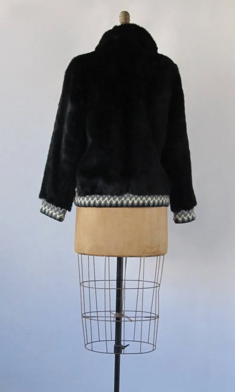 Vintage 60s Lilli Ann Jacket | 1960s Black Faux Fur Coat with Woven Trim | Designer, Glam, Mod, Mad Men | Size Medium