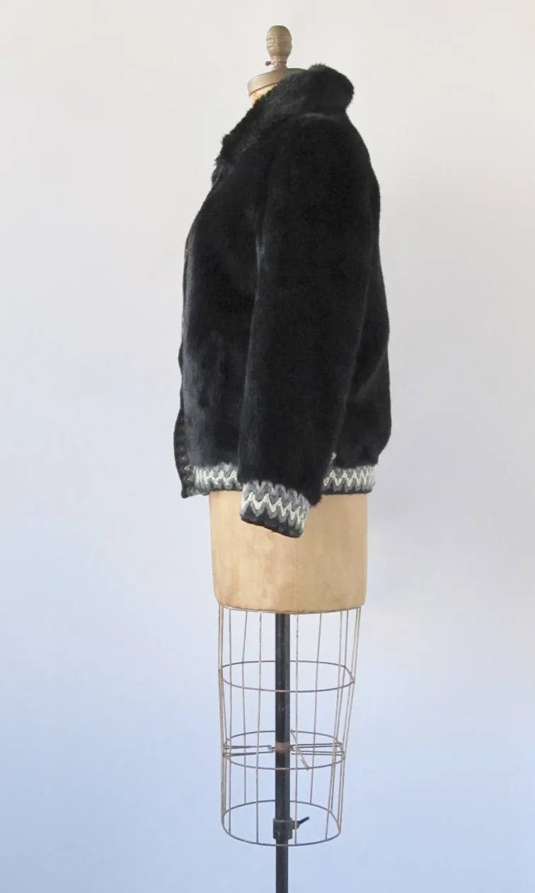 Vintage 60s Lilli Ann Jacket | 1960s Black Faux Fur Coat with Woven Trim | Designer, Glam, Mod, Mad Men | Size Medium