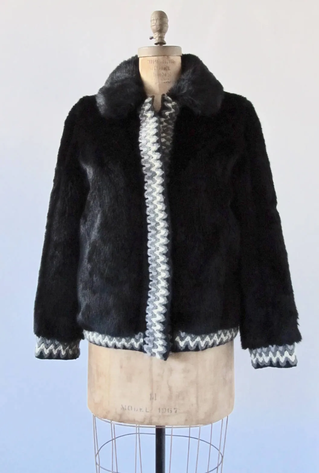 Vintage 60s Lilli Ann Jacket | 1960s Black Faux Fur Coat with Woven Trim | Designer, Glam, Mod, Mad Men | Size Medium
