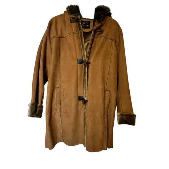 Vintage Oleg Cassini Faux Suede Coat With Faux Fur Trim &amp; Hood size tag missing