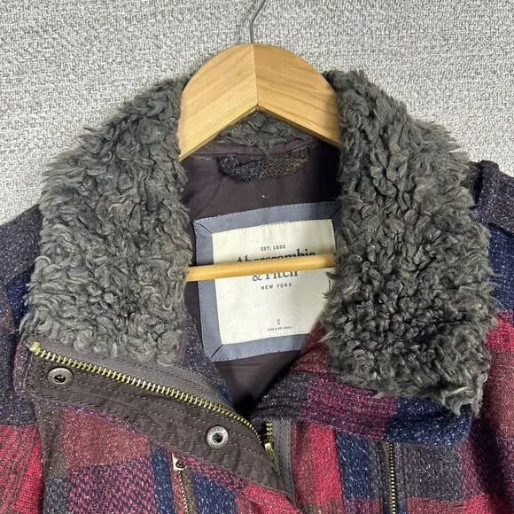 Vtg Abercrombie &amp; Fitch Sz S Plaid Tweed Jacket Faux Fur Buffalo Wool Penny Lane