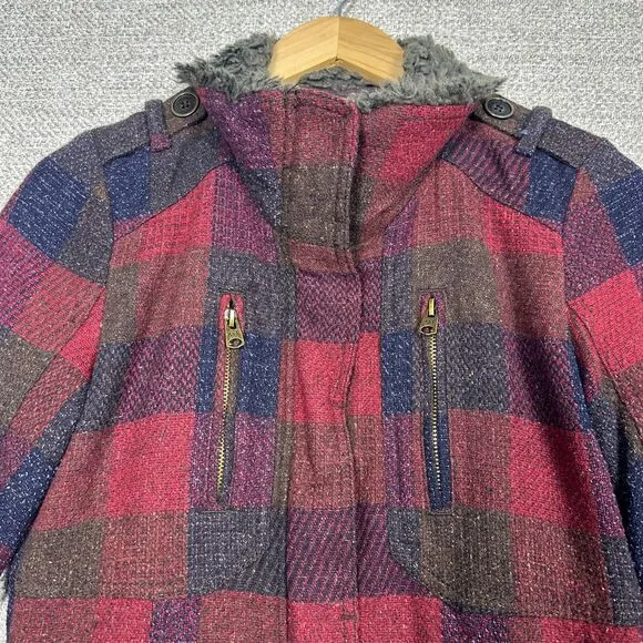 Vtg Abercrombie &amp; Fitch Sz S Plaid Tweed Jacket Faux Fur Buffalo Wool Penny Lane