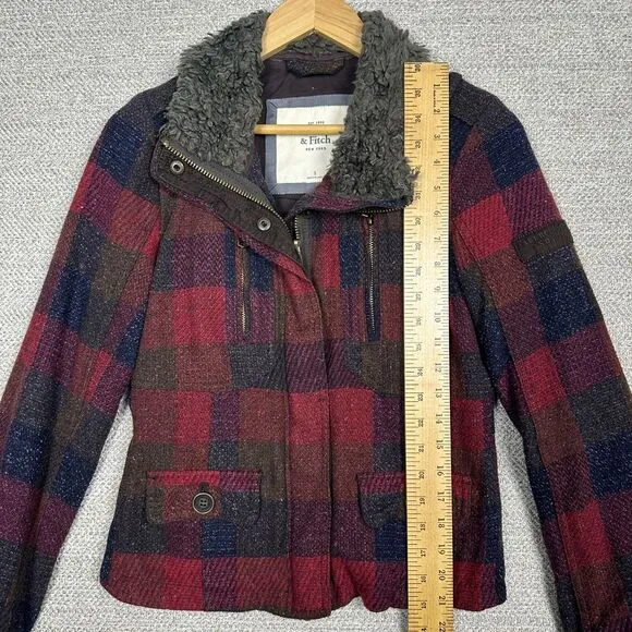 Vtg Abercrombie &amp; Fitch Sz S Plaid Tweed Jacket Faux Fur Buffalo Wool Penny Lane