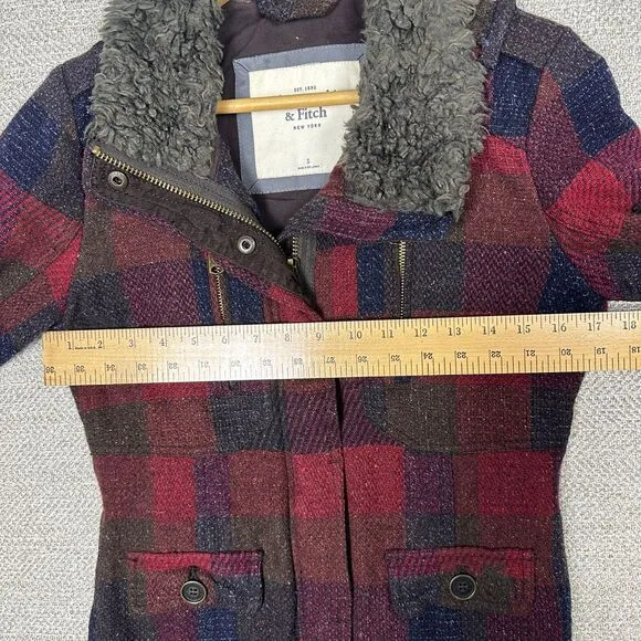 Vtg Abercrombie &amp; Fitch Sz S Plaid Tweed Jacket Faux Fur Buffalo Wool Penny Lane
