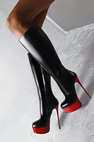 Women Knee High ZIP Round Toe Thin High Heel Fashion Platform Boots Black Red Shoes Woman Plus Size 4-20