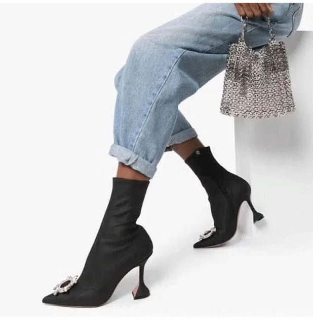 women un buckle rhinestone high heel boots