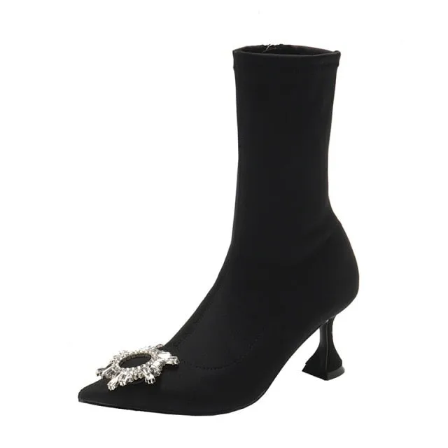 women un buckle rhinestone high heel boots