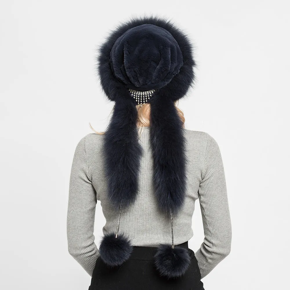 Women's Real Rex Rabbit & Fox Fur Hats Winter Warm Navy Blue Fur