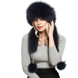 Women's Real Rex Rabbit & Fox Fur Hats Winter Warm Navy Blue Fur