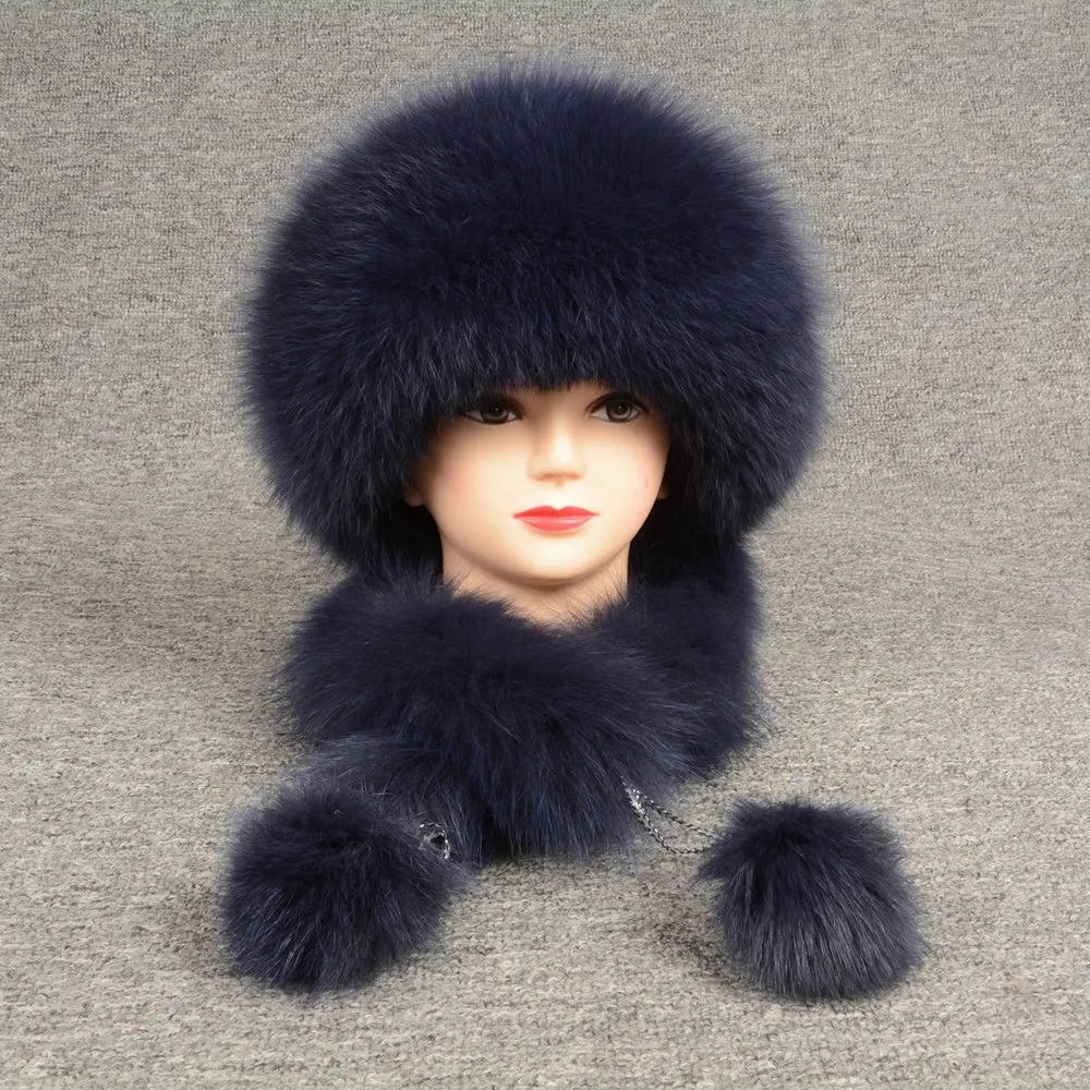 Women's Real Rex Rabbit & Fox Fur Hats Winter Warm Navy Blue Fur