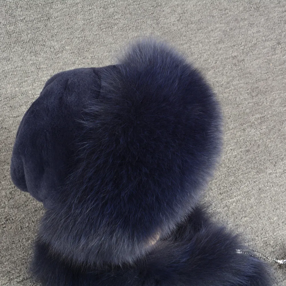 Women's Real Rex Rabbit & Fox Fur Hats Winter Warm Navy Blue Fur