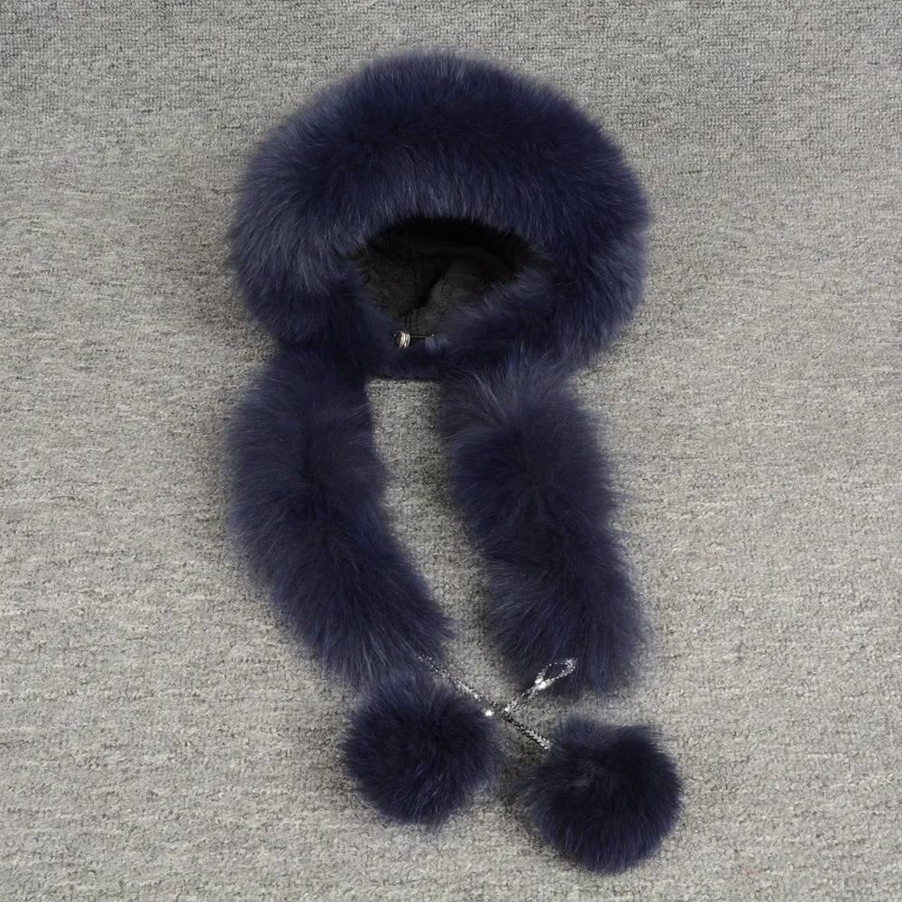 Women's Real Rex Rabbit & Fox Fur Hats Winter Warm Navy Blue Fur