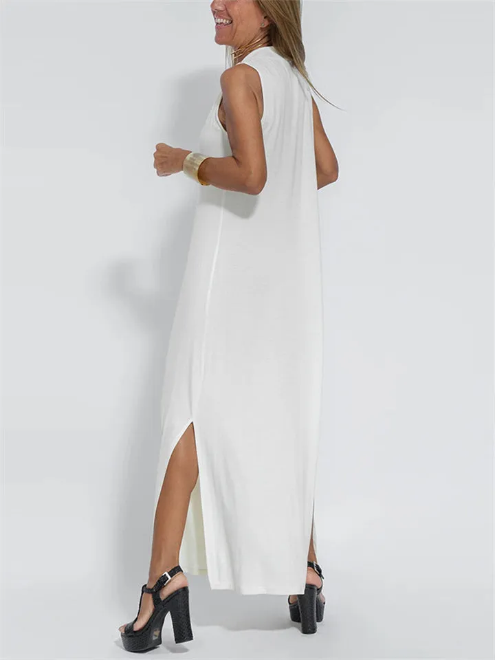 Women's V Neck Sleeveless Side Slit Simple Leisure Dress