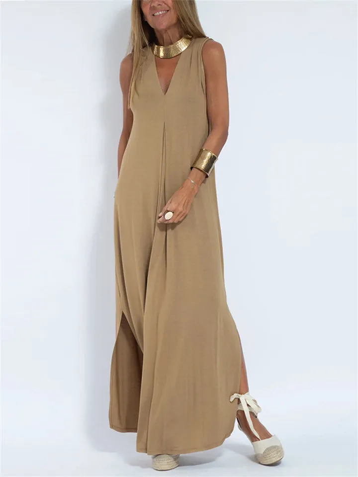 Women's V Neck Sleeveless Side Slit Simple Leisure Dress