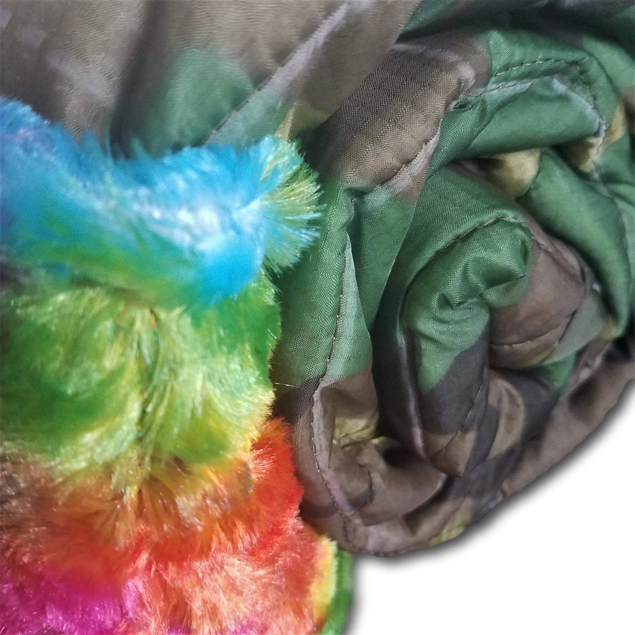 Woodland Camo Pattern Rainbow Daisy Woobie Weighted Blanket with Tie Dye Faux Fur