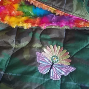 Woodland Camo Pattern Rainbow Daisy Woobie Weighted Blanket with Tie Dye Faux Fur