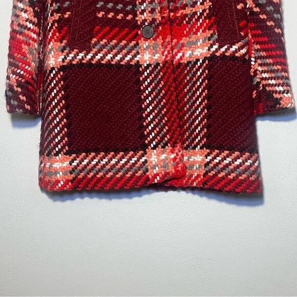 Zara XS Red Pink Tartan Checked Wool Blend Collared Button Down Coat