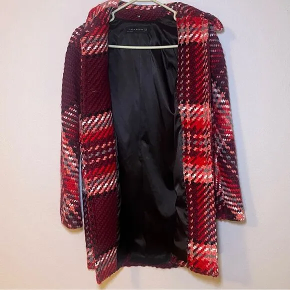 Zara XS Red Pink Tartan Checked Wool Blend Collared Button Down Coat