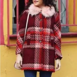 Zara XS Red Pink Tartan Checked Wool Blend Collared Button Down Coat